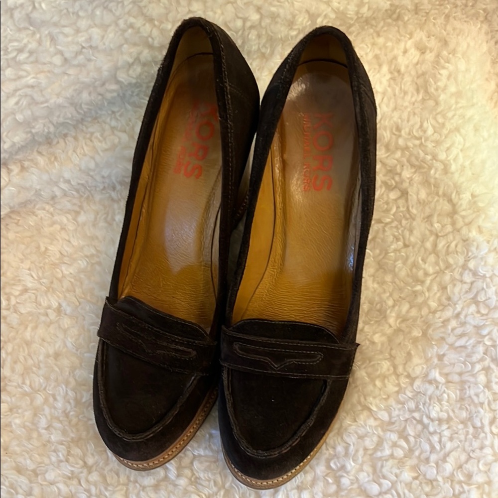 Michael Kors chocolate brown size 9 Suede Penny Loafer 4 in platform heel